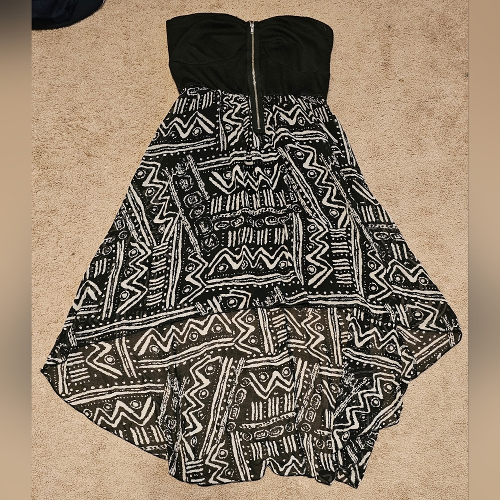 Black & White Aztec Tribal Print High Low Asymmetrical Strapless Dress
